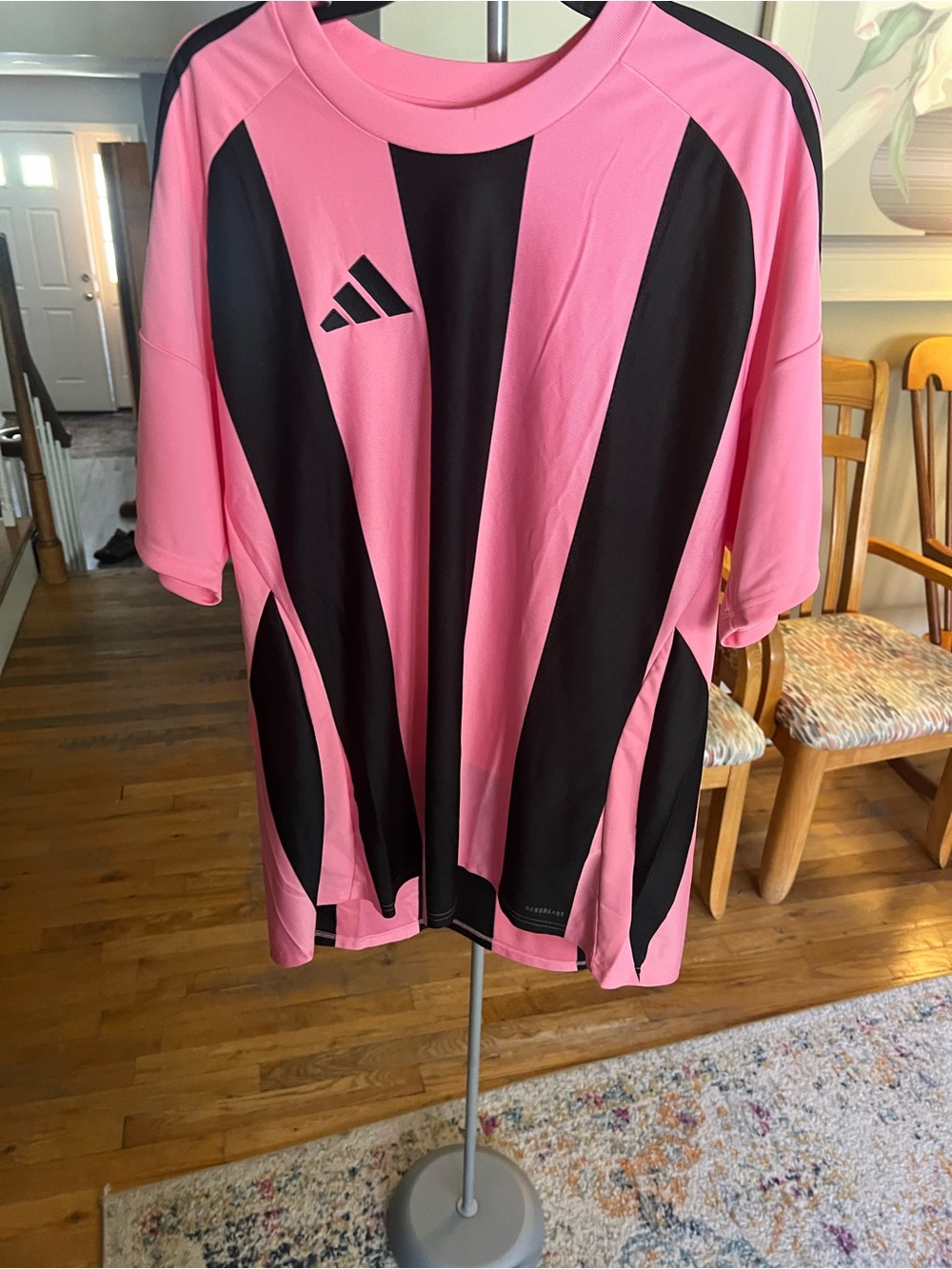 adidas Men’s Pink and Black Striped Soccer Jersey